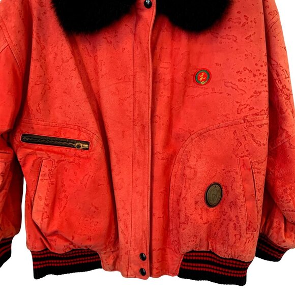 Guy Laroche Vintage Red Suede Bomber Jacket Black Fur Collar Embroidered Logos - Picture 8 of 12